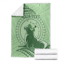 Personalised Hawaii Monk Seal Blanket Polynesian Tattoo With Tropical Flowers - Green Pastel