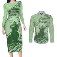 Personalised Hawaii Monk Seal Couples Matching Long Sleeve Bodycon Dress and Long Sleeve Button Shirt Polynesian Tattoo With Tropical Flowers - Green Pastel