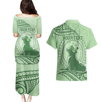 Personalised Hawaii Monk Seal Couples Matching Puletasi and Hawaiian Shirt Polynesian Tattoo With Tropical Flowers - Green Pastel