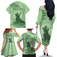 Personalised Hawaii Monk Seal Family Matching Off The Shoulder Long Sleeve Dress and Hawaiian Shirt Polynesian Tattoo With Tropical Flowers - Green Pastel