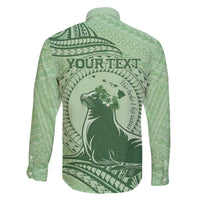 Personalised Hawaii Monk Seal Family Matching Off Shoulder Short Dress and Hawaiian Shirt Polynesian Tattoo With Tropical Flowers - Green Pastel