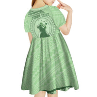 Personalised Hawaii Monk Seal Kid Short Sleeve Dress Polynesian Tattoo With Tropical Flowers - Green Pastel
