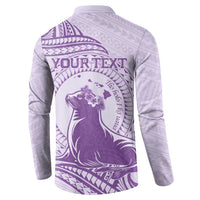 Personalised Hawaii Monk Seal Button Sweatshirt Polynesian Tattoo With Tropical Flowers - Purple Pastel