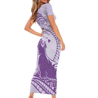 Personalised Hawaii Monk Seal Short Sleeve Bodycon Dress Polynesian Tattoo With Tropical Flowers - Purple Pastel