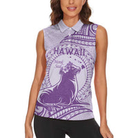 Personalised Hawaii Monk Seal Women Sleeveless Polo Shirt Polynesian Tattoo With Tropical Flowers - Purple Pastel