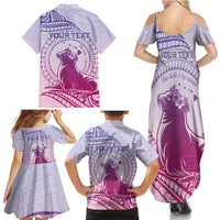 Personalised Hawaii Monk Seal Family Matching Summer Maxi Dress and Hawaiian Shirt Polynesian Tattoo With Tropical Flowers - Purple Gradient