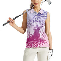 Personalised Hawaii Monk Seal Women Sleeveless Polo Shirt Polynesian Tattoo With Tropical Flowers - Purple Gradient