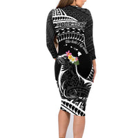 Personalised Hawaii Monk Seal Family Matching Long Sleeve Bodycon Dress and Hawaiian Shirt Polynesian Tattoo With Tropical Flowers - Black