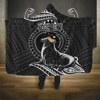 Personalised Hawaii Monk Seal Hooded Blanket Polynesian Tattoo With Tropical Flowers - Black