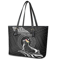 Personalised Hawaii Monk Seal Leather Tote Bag Polynesian Tattoo With Tropical Flowers - Black
