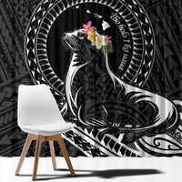 Personalised Hawaii Monk Seal Window Curtain Polynesian Tattoo With Tropical Flowers - Black