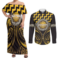 Aotearoa Ngati Porou Personalised Couples Matching Off Shoulder Maxi Dress and Long Sleeve Button Shirt Maori Iwi Poutama Puhoro Tattoo