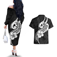 Polynesia Couples Matching Off The Shoulder Long Sleeve Dress and Hawaiian Shirt Plumeria With Tribal Pattern Black Vibes LT14 - Polynesian Pride