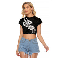 Polynesia Raglan Cropped T Shirt Plumeria With Tribal Pattern Black Vibes LT14 Female Black - Polynesian Pride