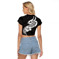 Polynesia Raglan Cropped T Shirt Plumeria With Tribal Pattern Black Vibes LT14 - Polynesian Pride