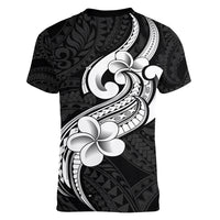 Polynesia Women V Neck T Shirt Plumeria With Tribal Pattern Black Vibes LT14 - Polynesian Pride