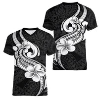 Polynesia Women V Neck T Shirt Plumeria With Tribal Pattern Black Vibes LT14 - Polynesian Pride