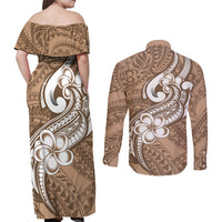 Polynesia Couples Matching Off Shoulder Maxi Dress and Long Sleeve Button Shirts Plumeria With Tribal Pattern Brown Pastel Vibes LT14 - Polynesian Pride