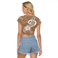 Polynesia Raglan Cropped T Shirt Plumeria With Tribal Pattern Brown Pastel Vibes LT14 - Polynesian Pride