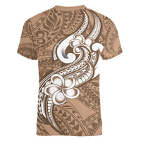 Polynesia Women V Neck T Shirt Plumeria With Tribal Pattern Brown Pastel Vibes LT14 - Polynesian Pride