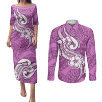 Polynesia Couples Matching Puletasi Dress and Long Sleeve Button Shirts Plumeria With Tribal Pattern Pink Pastel Vibes LT14 Pink - Polynesian Pride