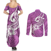 Polynesia Couples Matching Summer Maxi Dress and Long Sleeve Button Shirts Plumeria With Tribal Pattern Pink Pastel Vibes LT14 - Polynesian Pride