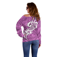 Polynesia Off Shoulder Sweater Plumeria With Tribal Pattern Pink Pastel Vibes LT14 - Polynesian Pride