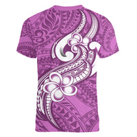 Polynesia Women V Neck T Shirt Plumeria With Tribal Pattern Pink Pastel Vibes LT14 - Polynesian Pride