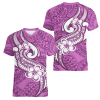 Polynesia Women V Neck T Shirt Plumeria With Tribal Pattern Pink Pastel Vibes LT14 - Polynesian Pride