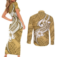 Polynesia Couples Matching Short Sleeve Bodycon Dress and Long Sleeve Button Shirts Plumeria With Tribal Pattern Yellow Pastel Vibes LT14 - Polynesian Pride