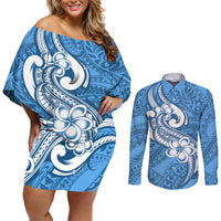 Polynesia Couples Matching Off Shoulder Short Dress and Long Sleeve Button Shirts Plumeria With Tribal Pattern Blue Pastel Vibes LT14 Blue - Polynesian Pride