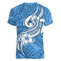 Polynesia Women V Neck T Shirt Plumeria With Tribal Pattern Blue Pastel Vibes LT14 - Polynesian Pride