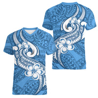Polynesia Women V Neck T Shirt Plumeria With Tribal Pattern Blue Pastel Vibes LT14 - Polynesian Pride