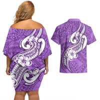 Polynesia Couples Matching Off Shoulder Short Dress and Hawaiian Shirt Plumeria With Tribal Pattern Purple Pastel Vibes LT14 - Polynesian Pride