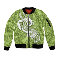 Polynesia Sleeve Zip Bomber Jacket Plumeria With Tribal Pattern Green Pastel Vibes LT14 Unisex Green - Polynesian Pride