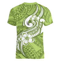 Polynesia Women V Neck T Shirt Plumeria With Tribal Pattern Green Pastel Vibes LT14 - Polynesian Pride