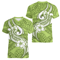 Polynesia Women V Neck T Shirt Plumeria With Tribal Pattern Green Pastel Vibes LT14 - Polynesian Pride