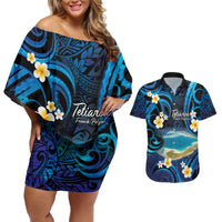 French Polynesia Tetiaroa Atoll Couples Matching Off Shoulder Short Dress and Hawaiian Shirt Polynesian Curves Style LT14 Blue - Polynesian Pride