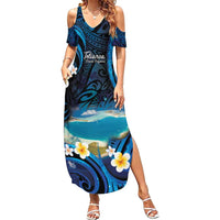 French Polynesia Tetiaroa Atoll Family Matching Summer Maxi Dress and Hawaiian Shirt Polynesian Curves Style LT14 Mom's Dress Blue - Polynesian Pride