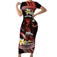 Personalised Tahiti Bora Bora Family Matching Short Sleeve Bodycon Dress and Hawaiian Shirt Manta Rays With Polynesian Plumeria LT14 Mom's Dress Red - Polynesian Pride