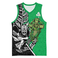 New Zealand and Ireland Rugby Custom Basketball Jersey Maori Tiki Fern Irish Celtic Cross LT14 Unisex Green - Polynesian Pride