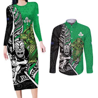 New Zealand and Ireland Rugby Custom Couples Matching Long Sleeve Bodycon Dress and Long Sleeve Button Shirt Maori Tiki Fern Irish Celtic Cross LT14 Green - Polynesian Pride