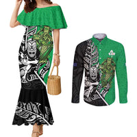 New Zealand and Ireland Rugby Custom Couples Matching Mermaid Dress and Long Sleeve Button Shirt Maori Tiki Fern Irish Celtic Cross LT14 Green - Polynesian Pride