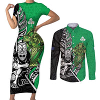 New Zealand and Ireland Rugby Custom Couples Matching Short Sleeve Bodycon Dress and Long Sleeve Button Shirt Maori Tiki Fern Irish Celtic Cross LT14 Green - Polynesian Pride