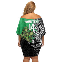New Zealand and Ireland Rugby Custom Family Matching Off Shoulder Short Dress and Hawaiian Shirt Maori Tiki Fern Irish Celtic Cross - Polynesian Pride