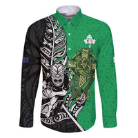 New Zealand and Ireland Rugby Custom Family Matching Puletasi and Hawaiian Shirt Maori Tiki Fern Irish Celtic Cross LT14 Dad's Shirt - Long Sleeve Green - Polynesian Pride