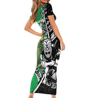 New Zealand and Ireland Rugby Custom Family Matching Short Sleeve Bodycon Dress and Hawaiian Shirt Maori Tiki Fern Irish Celtic Cross - Polynesian Pride