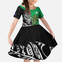New Zealand and Ireland Rugby Custom Kid Short Sleeve Dress Maori Tiki Fern Irish Celtic Cross - Polynesian Pride