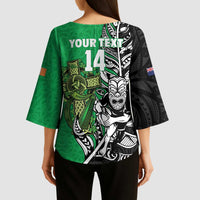New Zealand and Ireland Rugby Custom Kimono Sleeve Blouse Maori Tiki Fern Irish Celtic Cross - Polynesian Pride