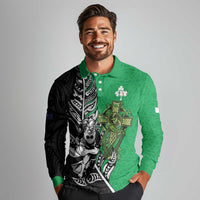 New Zealand and Ireland Rugby Custom Long Sleeve Polo Shirt Maori Tiki Fern Irish Celtic Cross - Polynesian Pride